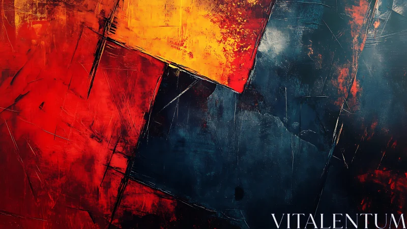 Bold abstract geometric painting with red, yellow, and black tones.