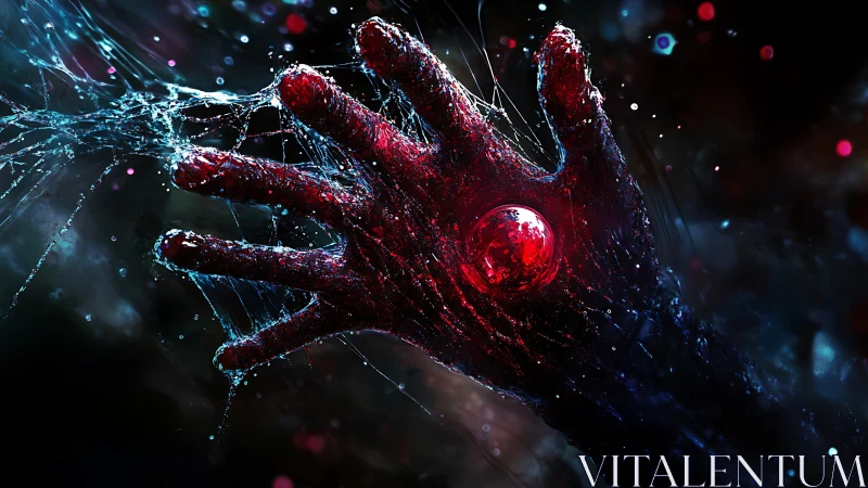 Bio-luminescent hand grips red energy core amid liquid filament network