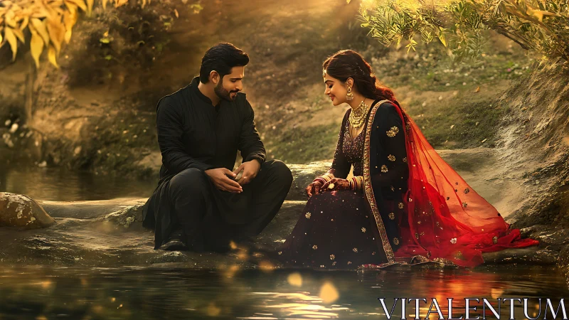 Couple in traditional Indian attire beside water stream at sunset