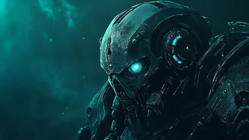 Cyan-illuminated tactical exoskeleton skull unit in vaporous void.