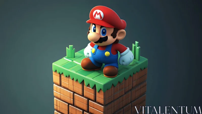 Mario standing on pixelated platform in vibrant 3D cartoon style.