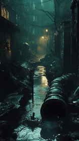 Rain-soaked industrial alleyway with illuminated storm drain