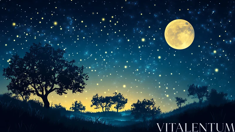 Luminous full moon over silhouetted trees in star dense night