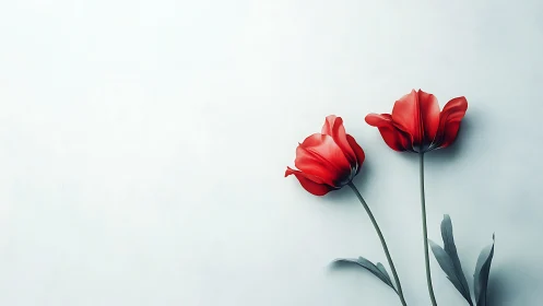 Two Vibrant Red Tulips Dancing in Serene Simplicity.