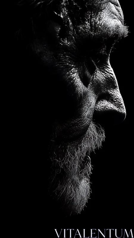 Dramatic side portrait reveals an elderly face in shadow.