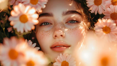 Freckled portrait framed by soft sunlit pastel daisies.