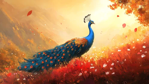 Sunlit peacock drifts like royal fire through autumn bloom