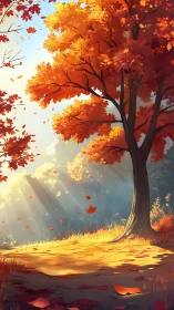 Directional light defines a stylized autumn forest canopy and path