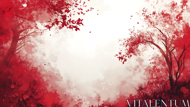 Red forest canopy framing bright empty sky center.