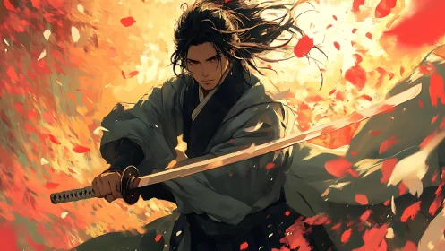 Lone samurai poised in swirling petals and golden light.