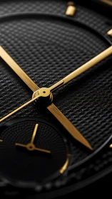 Gold watch hands over black textured luxury dial closeup.