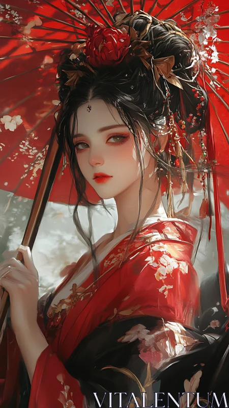 Graceful woman in red kimono stands beneath a vivid umbrella