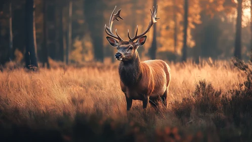 Autumn forest stag standing quietly in golden evening light.