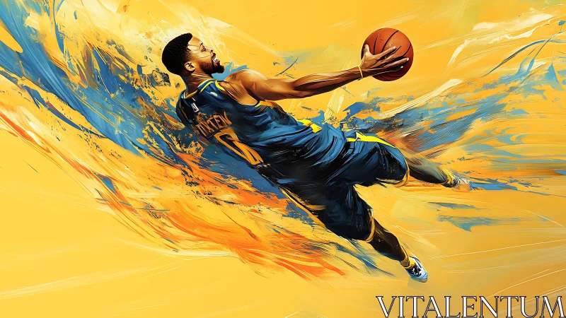 Basketball player in midair layup over abstract strokes.