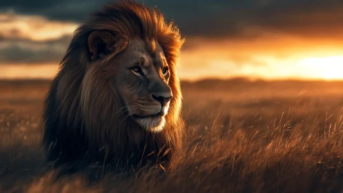 Photorealistic male lion portrait in sunset backlight on savanna
