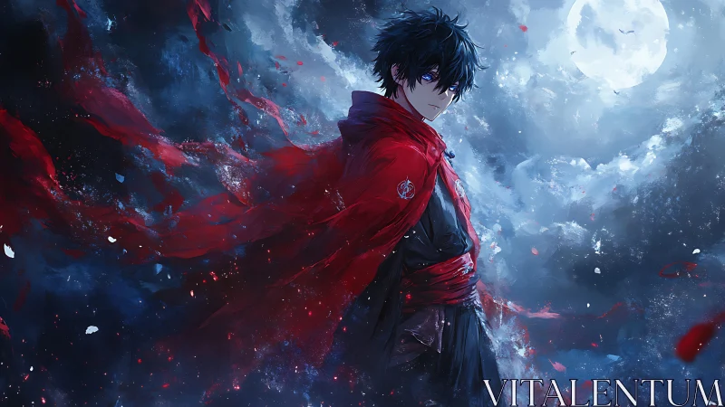 Nocturnal warrior in crimson cloak under luminous moon.