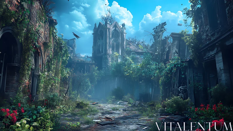 Overgrown ruined street with ivy and distant tower.