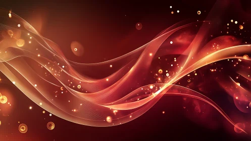 Luminous flowing ribbons with particle effects on deep crimson background.