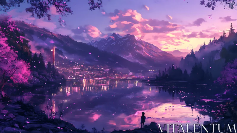 Twilight mountain lake city with child silhouette foreground.