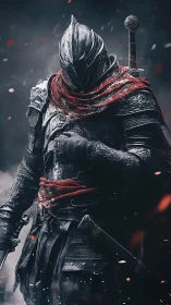 Armored warrior in helm with sword and red scarf detail.