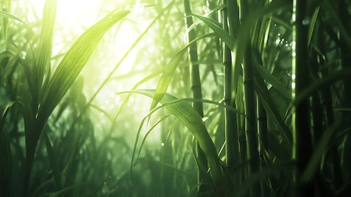 Sunlit bamboo thicket with vivid emerald foliage glow.