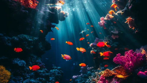 Sunlit coral reef teems with vivid orange tropical fish.