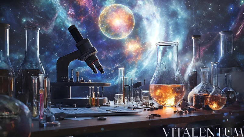 Laboratory microscope under nebula-lit cosmic skyline.