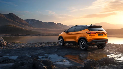 Orange crossover SUV parked beside remote mountain lake at dusk.