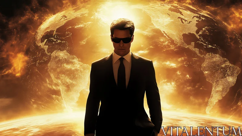 Suit-clad agent dominates blazing digital earth backdrop.