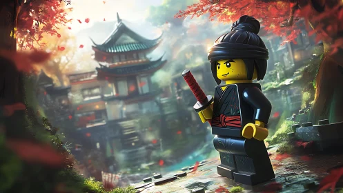 Lego samurai minifigure in stylized autumn temple garden.