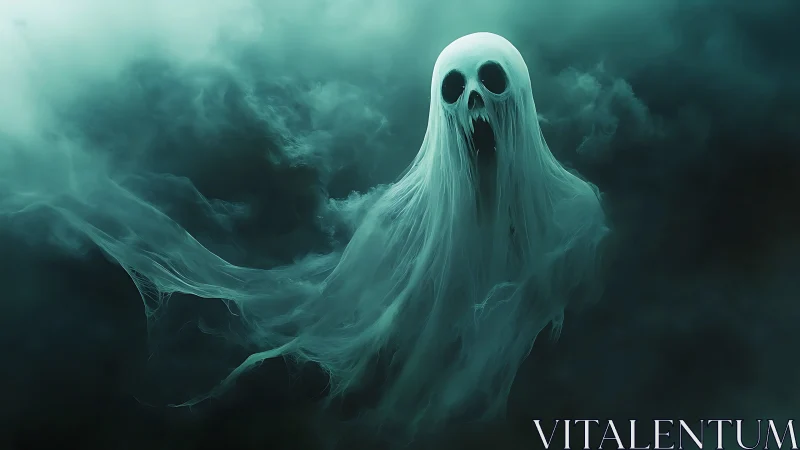 Wailing phantom drifts through emerald fogbound midnight skies.