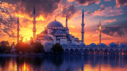 Sunlit mosque silhouette glows against fiery twilight sky.