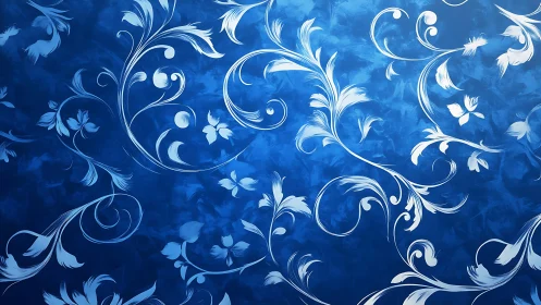 Blue floral swirl pattern with white decorative vines background.