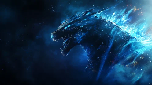 Luminescent kaiju profile radiates blue plasma energy arcs