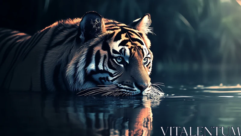 Tiger in shallow water with focused gaze at dusk light.
