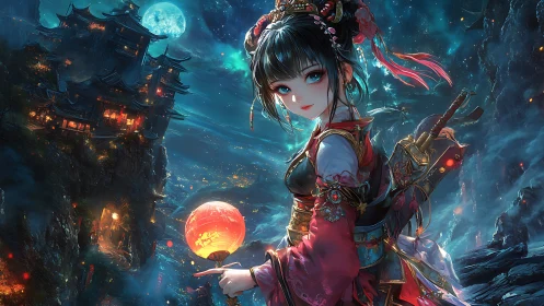 Moonlit lantern warrior crossing night-swept sky temples.