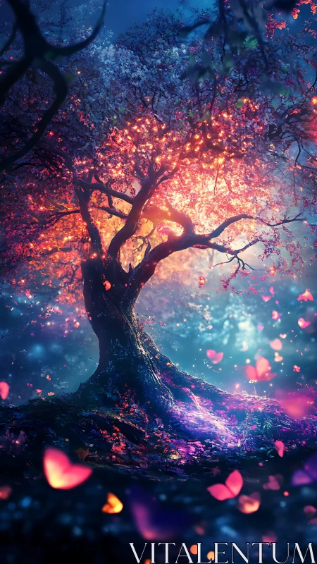 Glowing mystical tree with falling petals in twilight forest.
