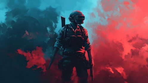Helmeted armed figure stands against split red blue background