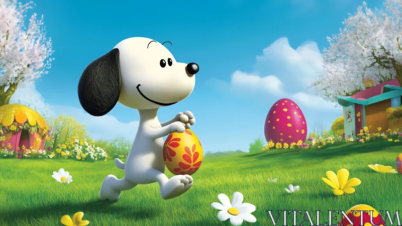 Cartoon dog carrying Easter egg in spring meadow.