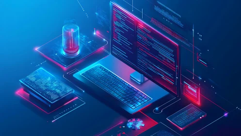 Futuristic coding workstation with neon holographic UI.