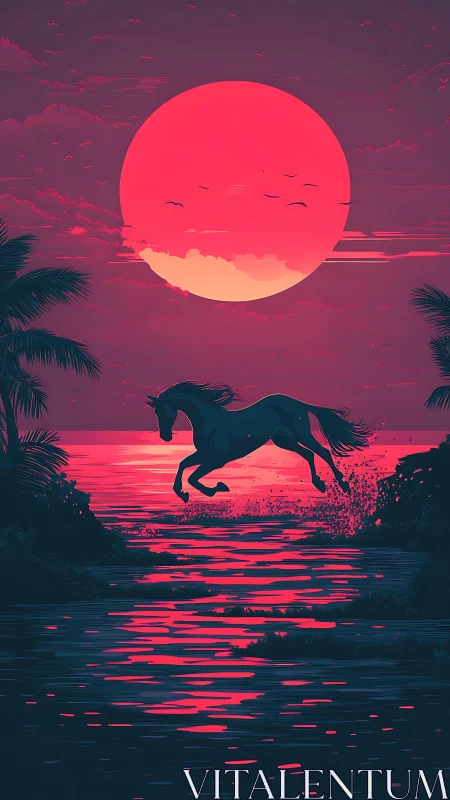 Wild horse leaps across neon surf beneath a blazing moon