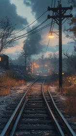 Foglit rails and lonely telegraph poles in winter hush.