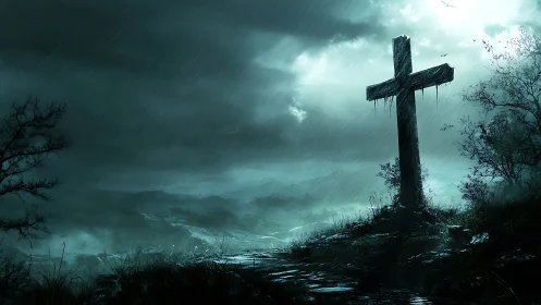 Stormlit hillside cross in atmospheric digital landscape painting.