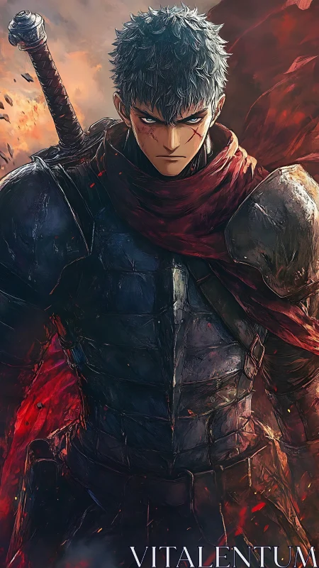 Brooding blade guardian in ember-scorched war armor.