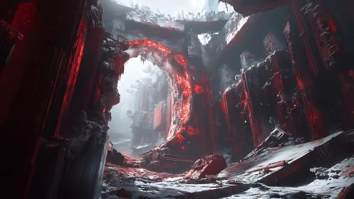 Ruined red sci fi tunnel in frozen industrial canyon