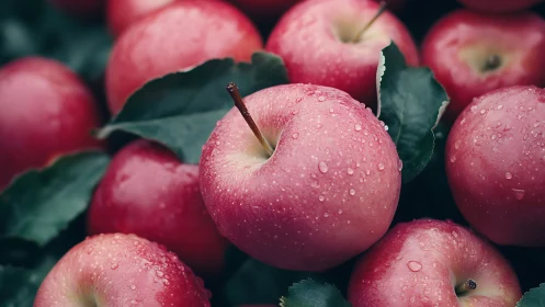Macro close-up of dewy pink apples with foliage detail
