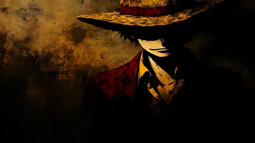 Shadowed anime figure in straw hat rendered with grunge chiaroscuro