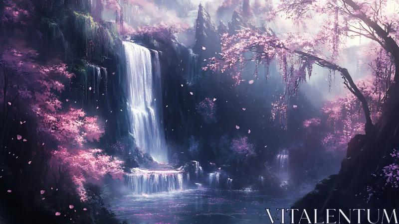 Moonlit cherry falls whisper through a violet fantasy gorge.