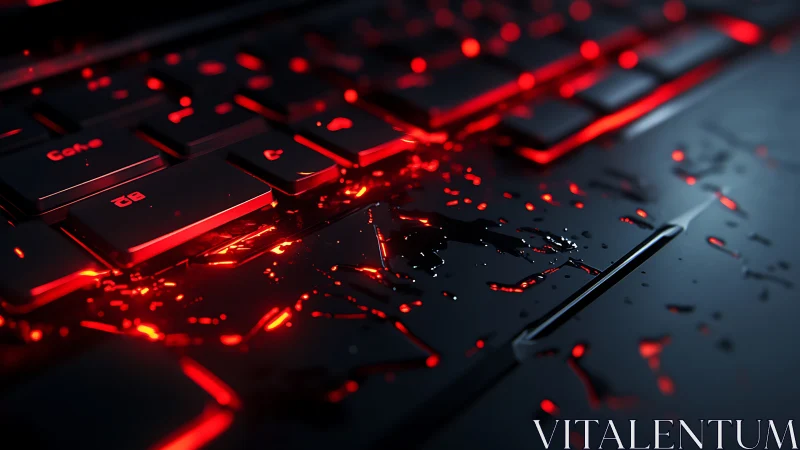 Gaming keyboard glows beneath spilled liquid on dark surface
