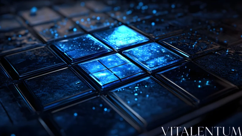 Futuristic glowing blue digital tiles with cosmic light effect.